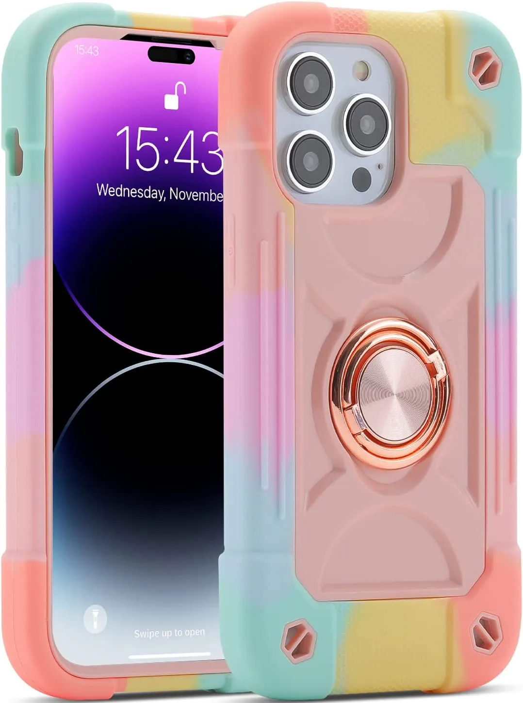 iPhone 14 Pro Max Case 6.7 Inch Shockproof Phone Cove Rainbow Pink