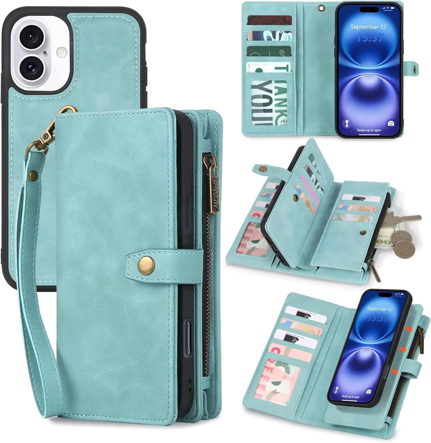 iPhone 16,Detachable Magnetic Phone Case, PU Leather All-Round Protective Case Blue