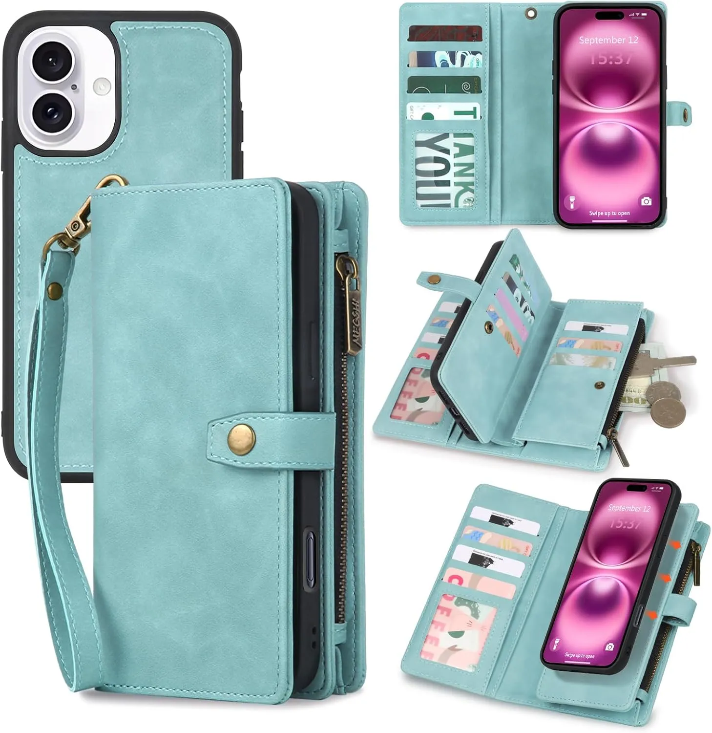 iPhone 16,Detachable Magnetic Phone Case, PU Leather All-Round Protective Case Blue