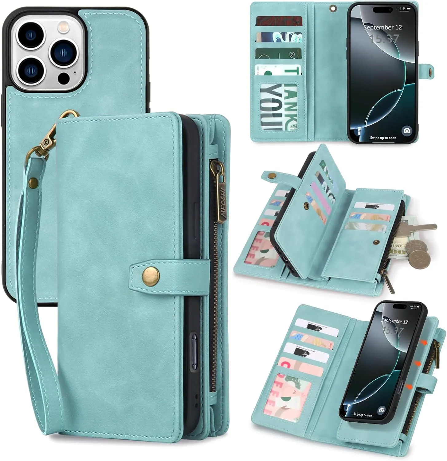 iPhone 16,Detachable Magnetic Phone Case, PU Leather All-Round Protective Case Blue