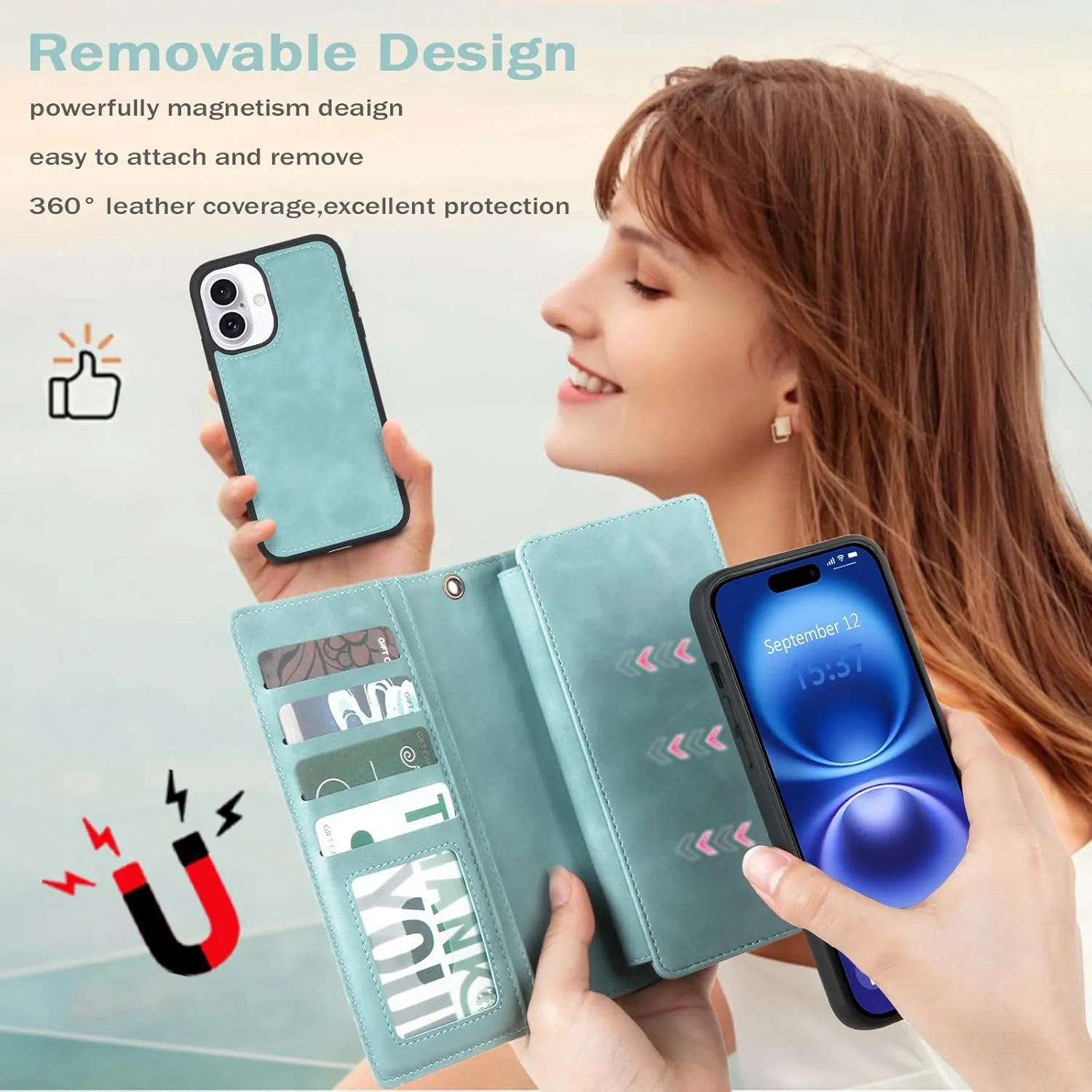 iPhone 16,Detachable Magnetic Phone Case, PU Leather All-Round Protective Case Blue