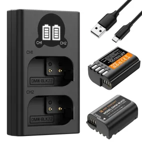 K&F Concept (2-PC) DMW-BLK22 Battery & Charger Kit - 2400mAh Batteries & Dual Charging Dock with Micro-USB/Type-C Input for Panasonic Lumix DC-G9 II, DC-S9, DC-S5 II, DC-S5 IIX, DC-S5K, DC-S5GK, GH5II, GH5M2, GH6 Cameras | DMWBLK22