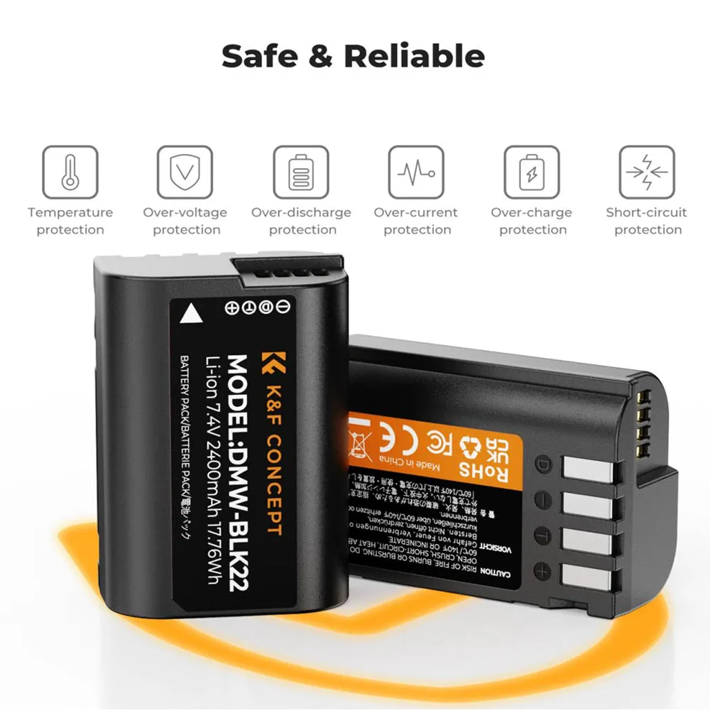 K&F Concept (2-PC) DMW-BLK22 Battery & Charger Kit - 2400mAh Batteries & Dual Charging Dock with Micro-USB/Type-C Input for Panasonic Lumix DC-G9 II, DC-S9, DC-S5 II, DC-S5 IIX, DC-S5K, DC-S5GK, GH5II, GH5M2, GH6 Cameras | DMWBLK22