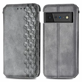 Leather case with a stylish rhombus imprint for Google Pixel 6 - Grey