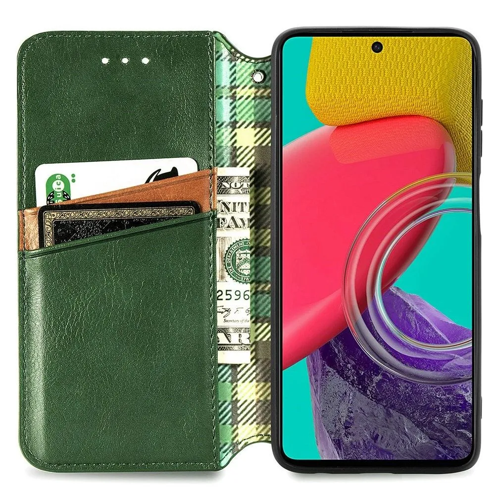 Leather case with a stylish rhombus imprint for Samsung Galaxy M53 5G - Green