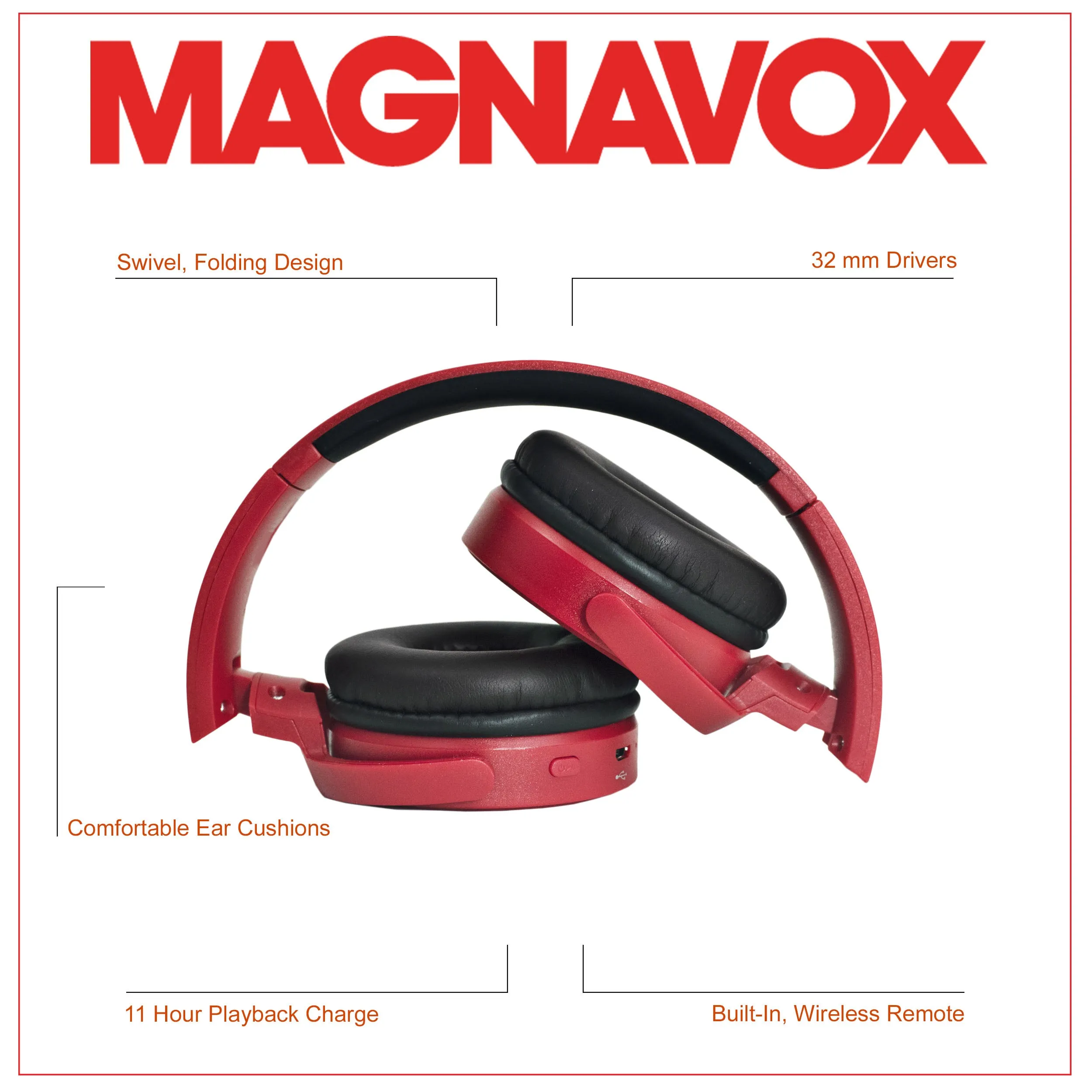 Magnavox MBH542-RD Bluetooth Wireless Foldable Stereo Headphones in Red