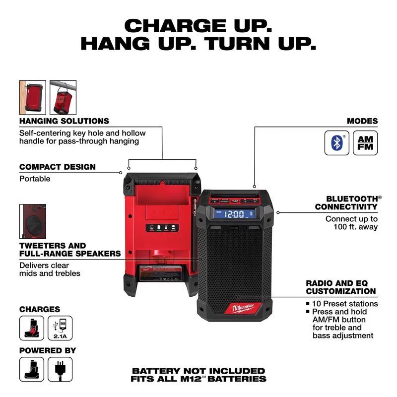 Milwaukee M12 Wireless Bluetooth Weather Resistant Radio   Charger