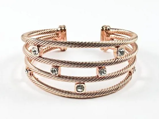 Modern Cable Wire Cuff Design Square Shape Crystals Pink Gold Tone Brass Bangle