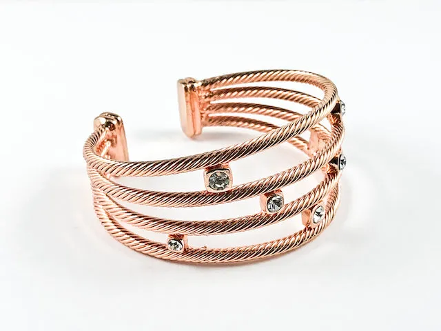 Modern Cable Wire Cuff Design Square Shape Crystals Pink Gold Tone Brass Bangle