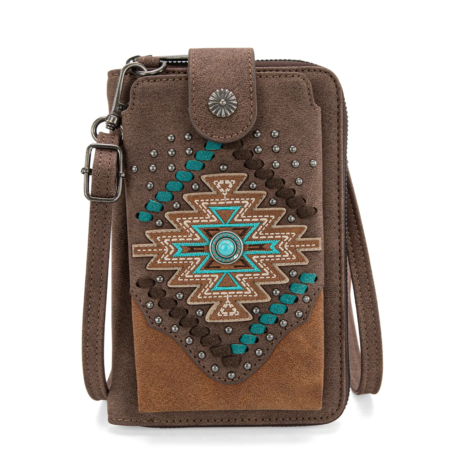 MW1315-183  Montana West Embroidered Aztec Collection Phone Wallet/Crossbody - Coffee