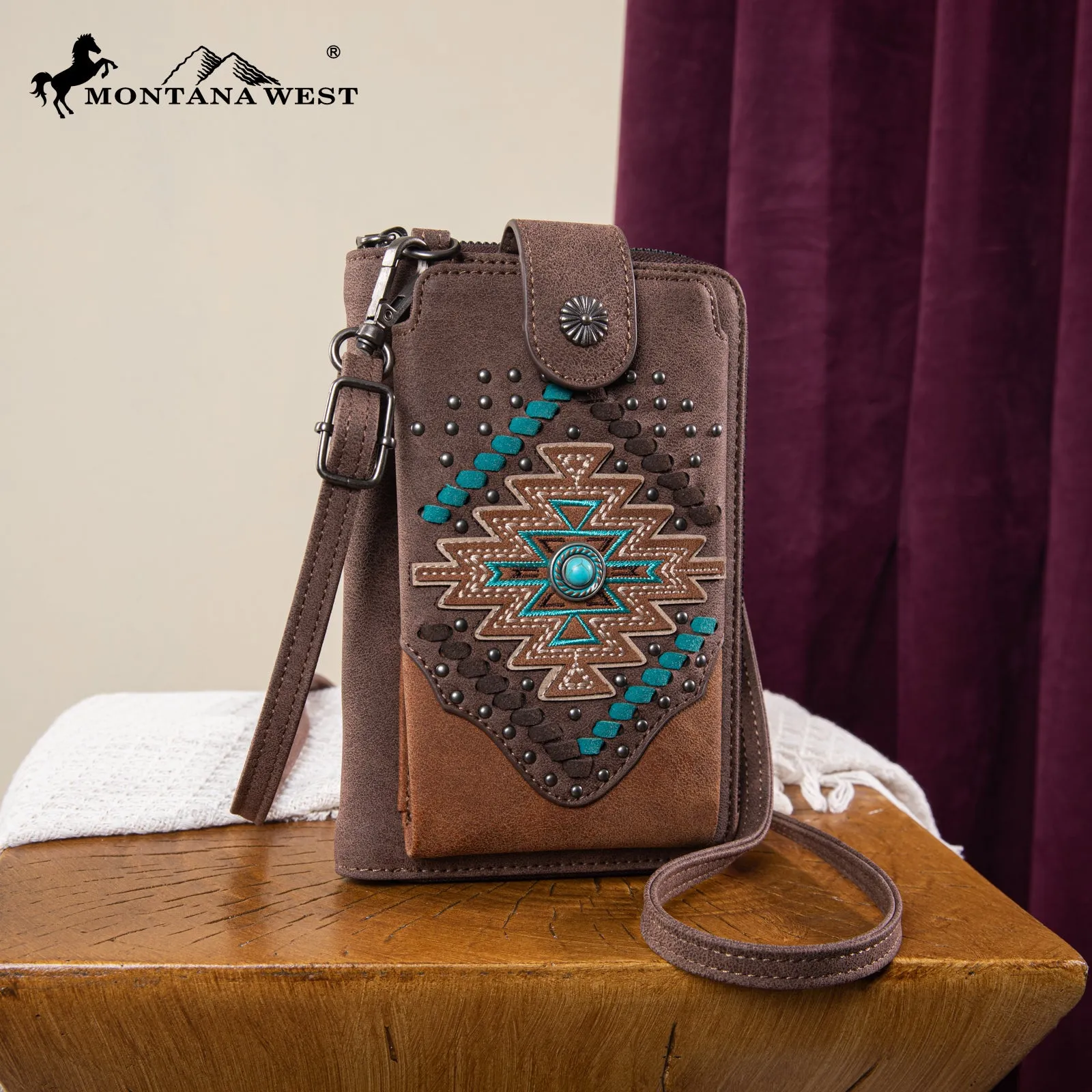 MW1315-183  Montana West Embroidered Aztec Collection Phone Wallet/Crossbody - Coffee