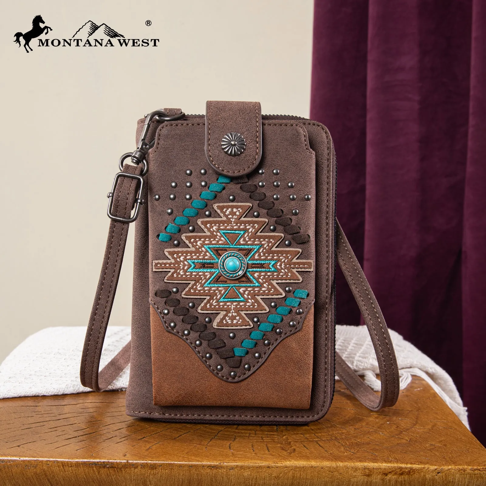 MW1315-183  Montana West Embroidered Aztec Collection Phone Wallet/Crossbody - Coffee