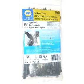 Napa 770-9225 Light Duty Black Cable Ties 0.16 x 6" Long 6/6 Nylon 100 pk