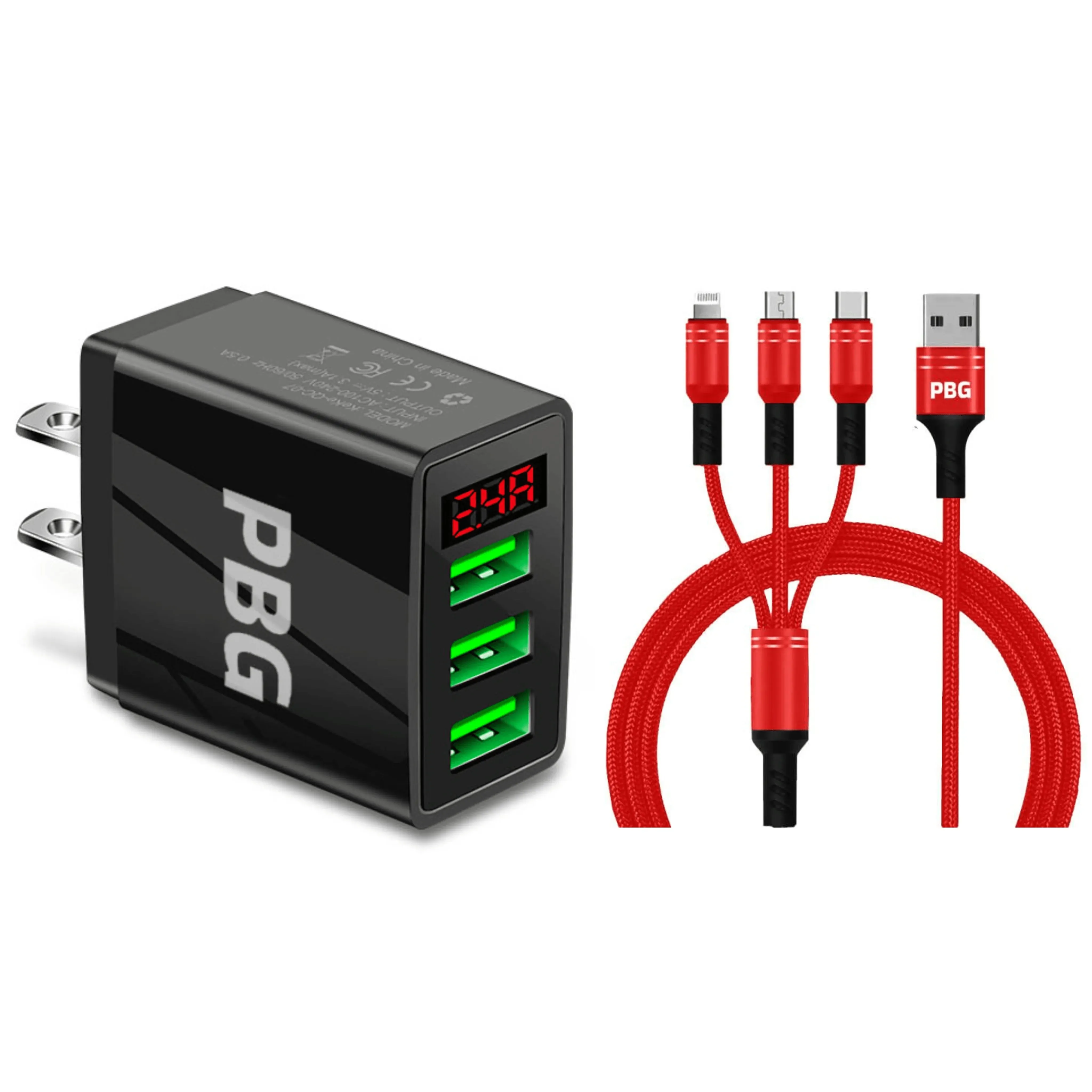 PBG 3 port LED Display Wall Charger  and 3 in 1 Cable Bundle