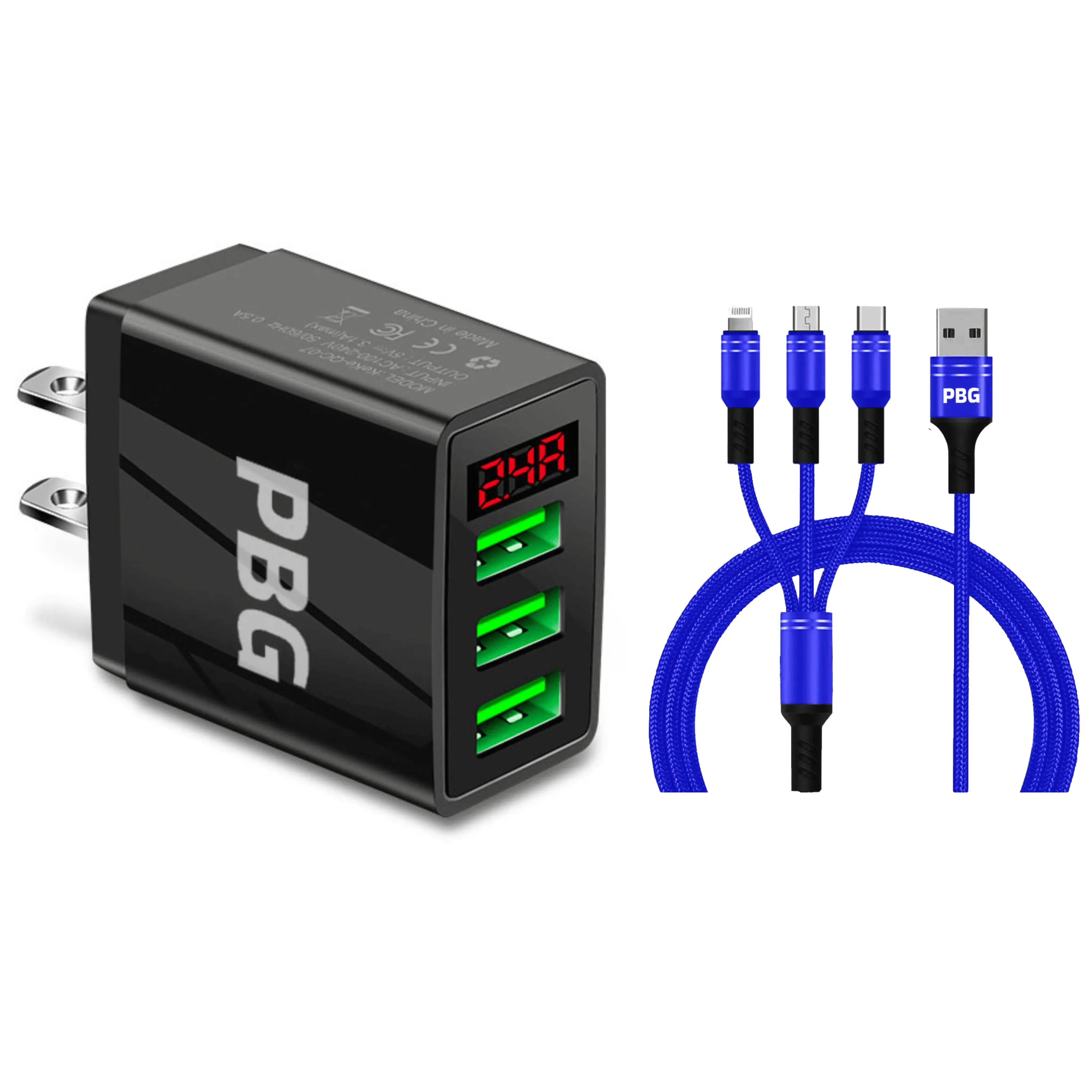 PBG 3 port LED Display Wall Charger  and 3 in 1 Cable Bundle