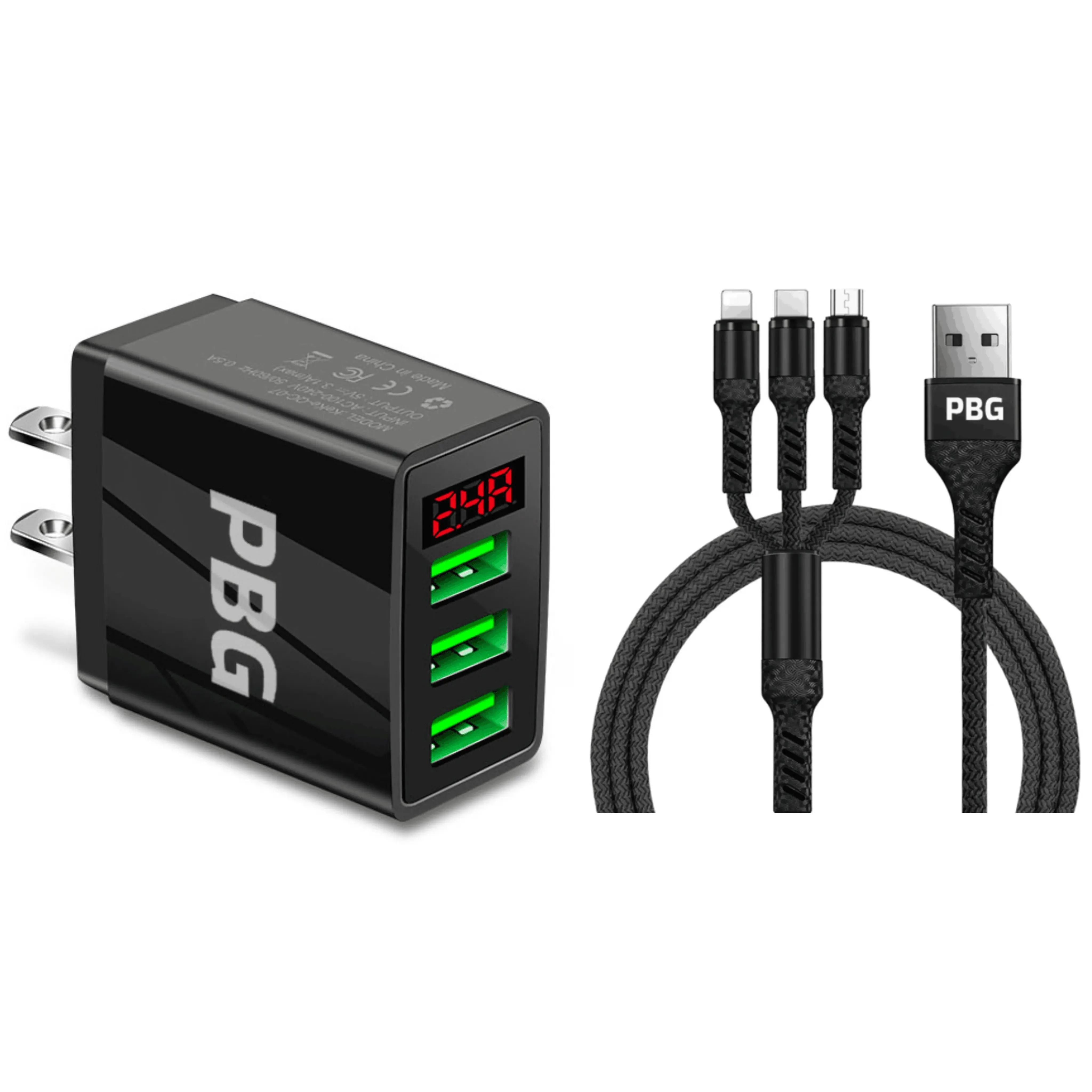 PBG 3 port LED Display Wall Charger  and 3 in 1 Cable Bundle