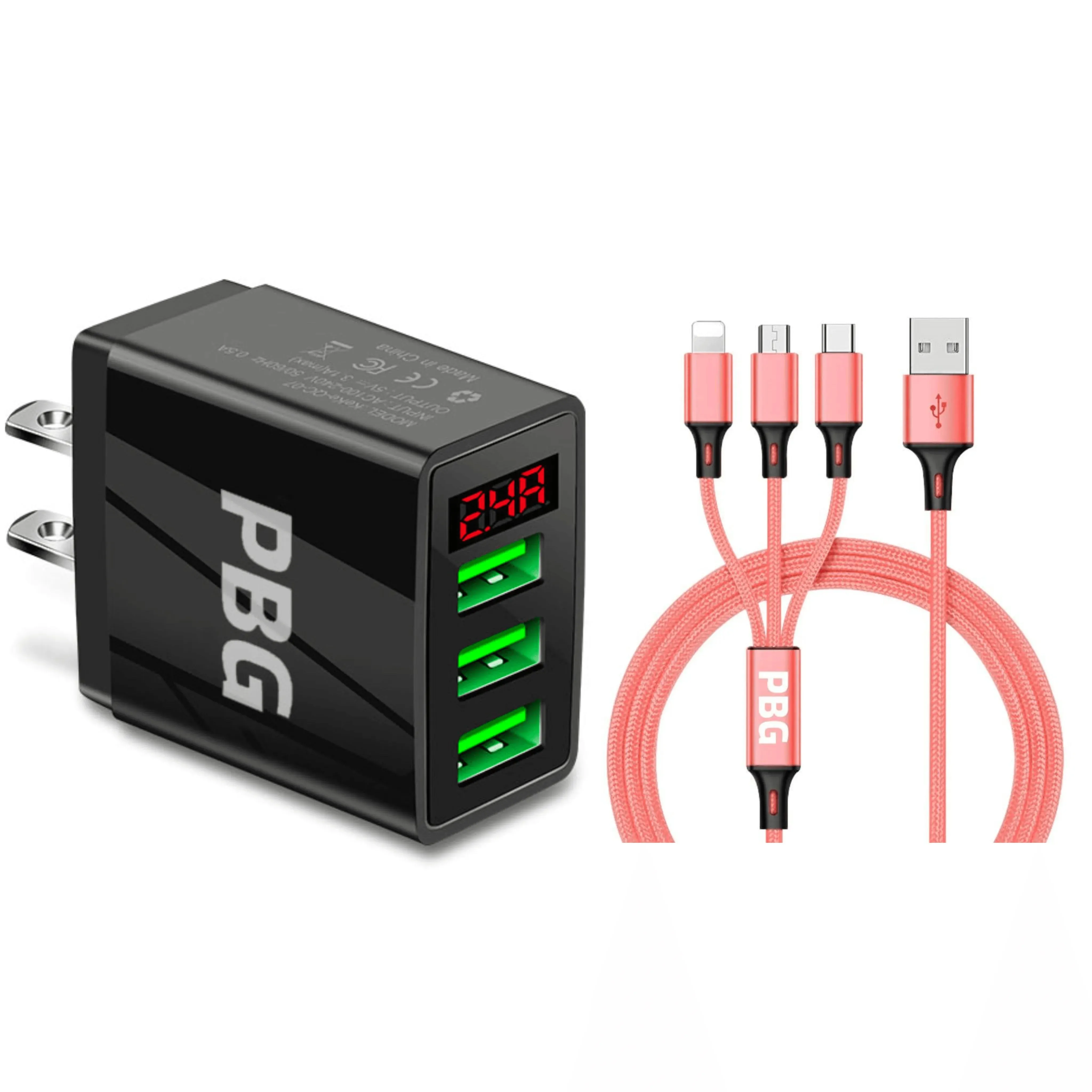 PBG 3 port LED Display Wall Charger  and 3 in 1 Cable Bundle