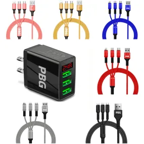 PBG 3 port LED Display Wall Charger  and 3 in 1 Cable Bundle