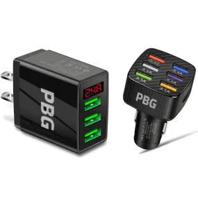 PBG 3 Port LED Voltage Wall Charger and 6 Port Car Charger Black/Black