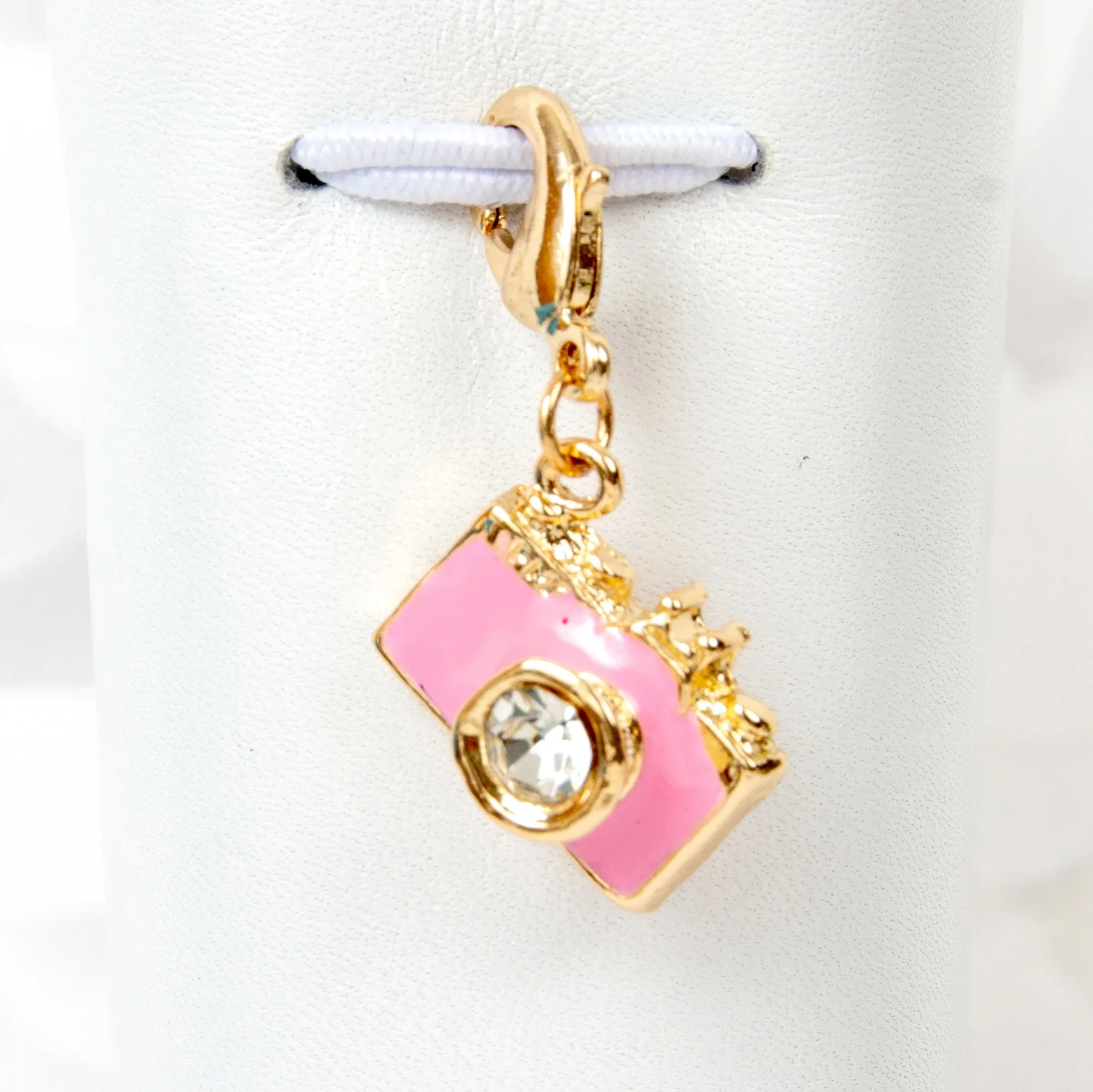 Pink Enamel Camera Charm with Rhinestone Lens