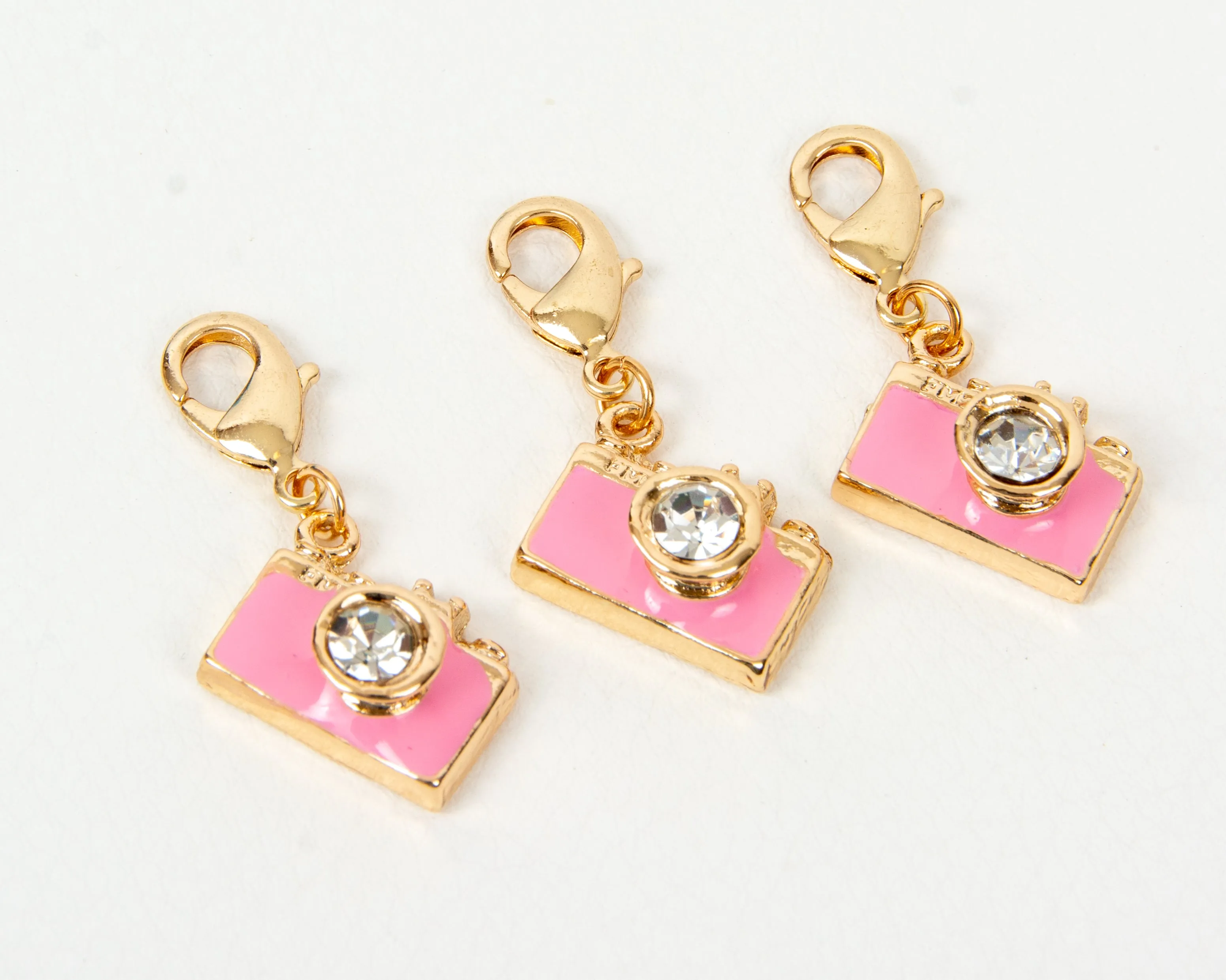 Pink Enamel Camera Charm with Rhinestone Lens