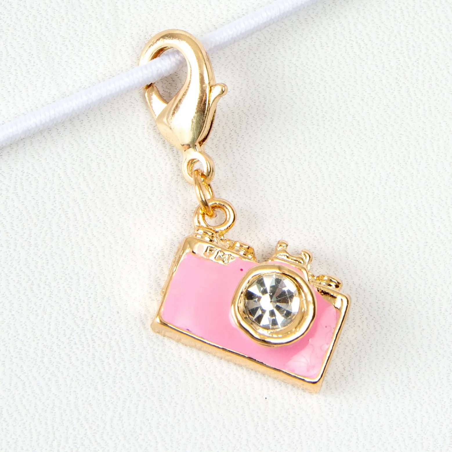 Pink Enamel Camera Charm with Rhinestone Lens