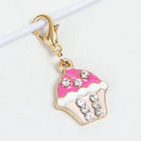 Pink Enamel Cupcake Charm or Pin with Rhinestone Accents