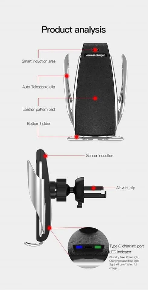 S5 Automatic Clamping Wireless Car Charger For iphone Android Air Vent Phone Holder 360 Degree Rotation Charging Mount Bracket