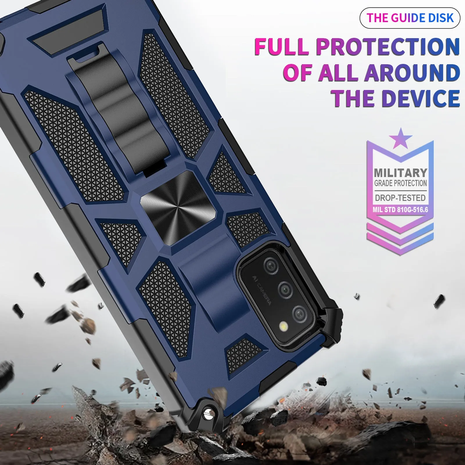 Samsung Galaxy A02s Case [Military Grade] Ring Car Mount Kickstand Hybrid Hard PC Soft TPU Shockproof Protective Case - Blue