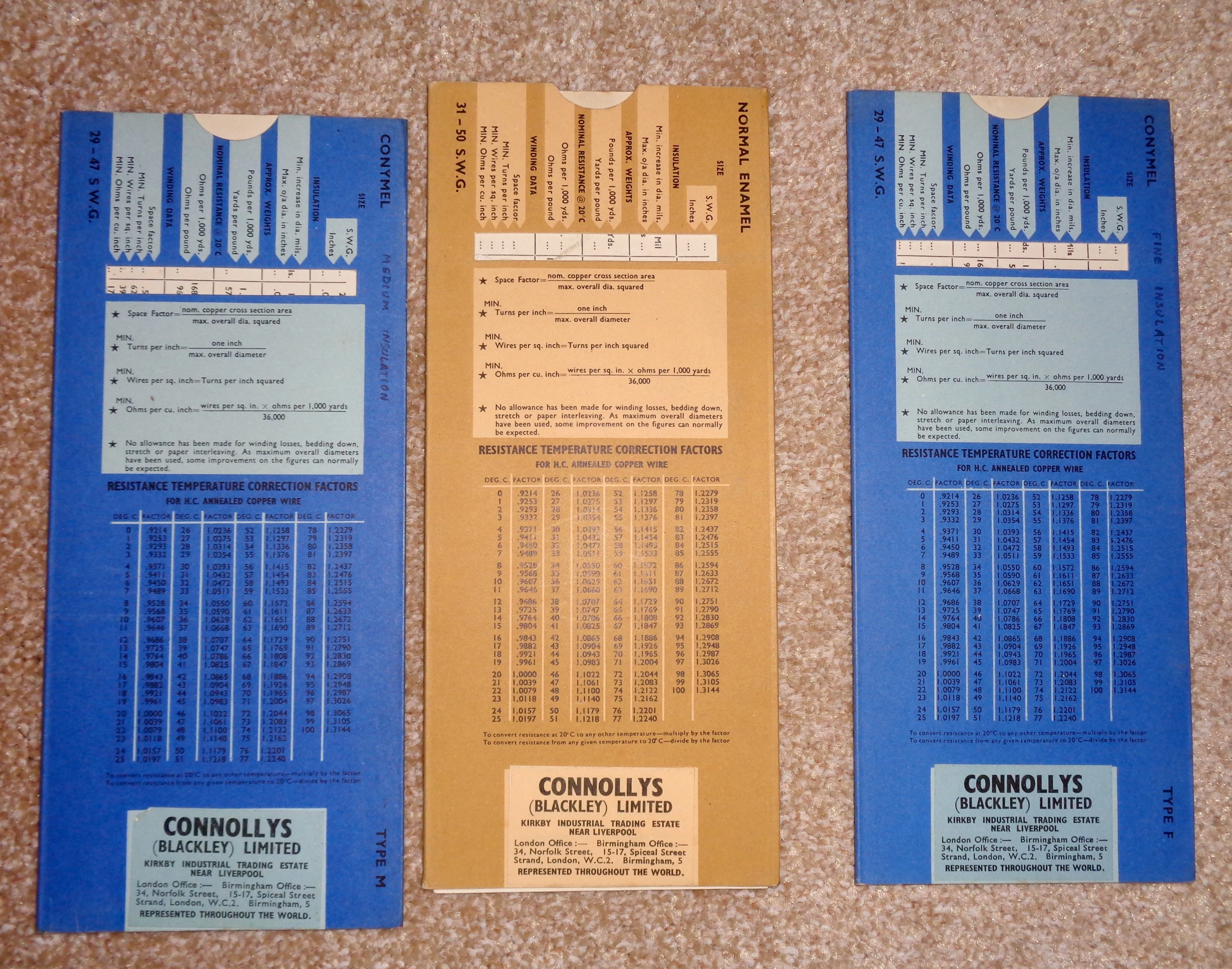 Set Of Three Vintage Connollys Winding Wire Reeling Data Selection Guides