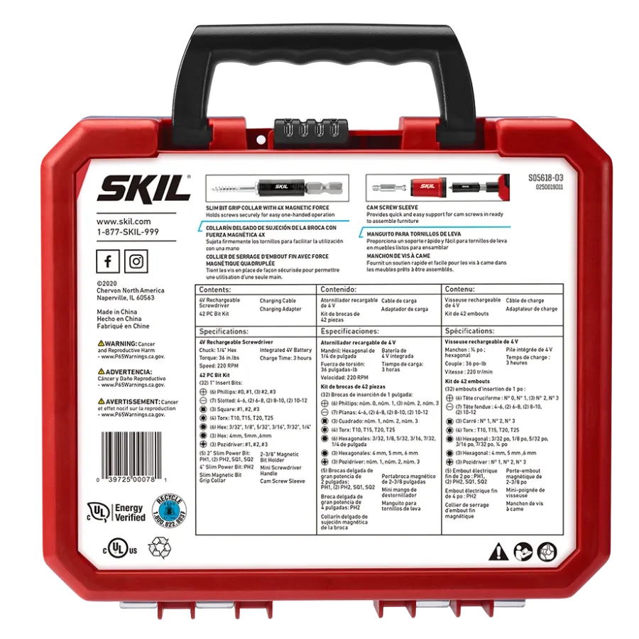 SKIL SD5618-03 Rechargeable Screwdriver w/ 42pc Bit Kit