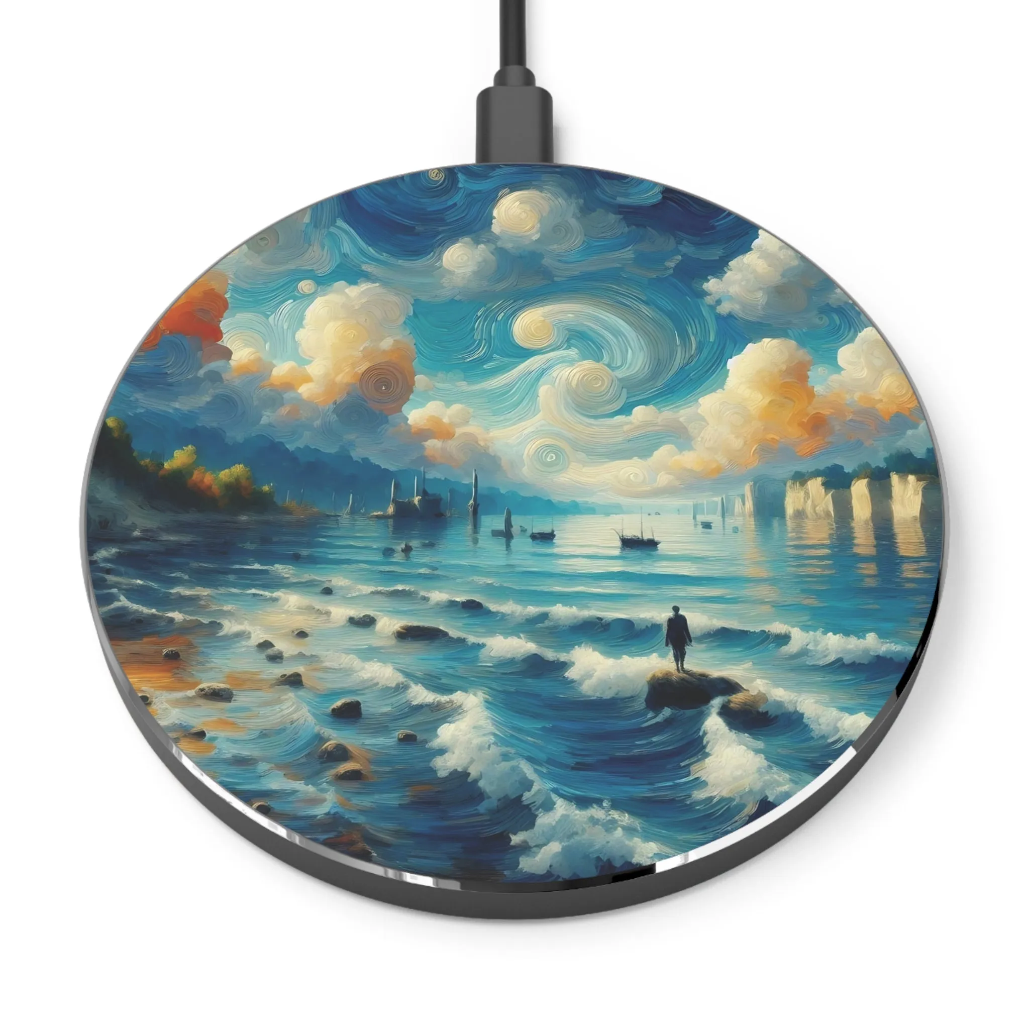 Someone watching the wavy sea on a cloudy day Wireless Charger