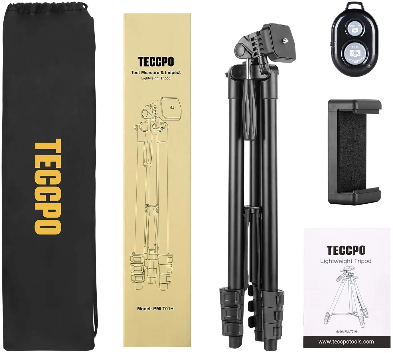 TECCPO Portable Tripod, for Laser Level, Bluetooth, Lightweight Tripod for Phone/Camera, 360° Ball Head, 15.7-53 Inch Adjustable, Universal Clip, Carry Bag, for Travel, Home, Construction - PMLT01H