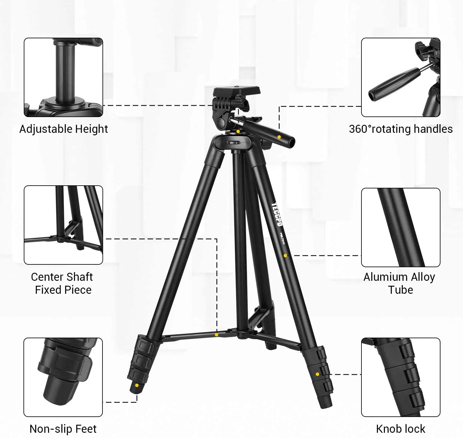 TECCPO Portable Tripod, for Laser Level, Bluetooth, Lightweight Tripod for Phone/Camera, 360° Ball Head, 15.7-53 Inch Adjustable, Universal Clip, Carry Bag, for Travel, Home, Construction - PMLT01H