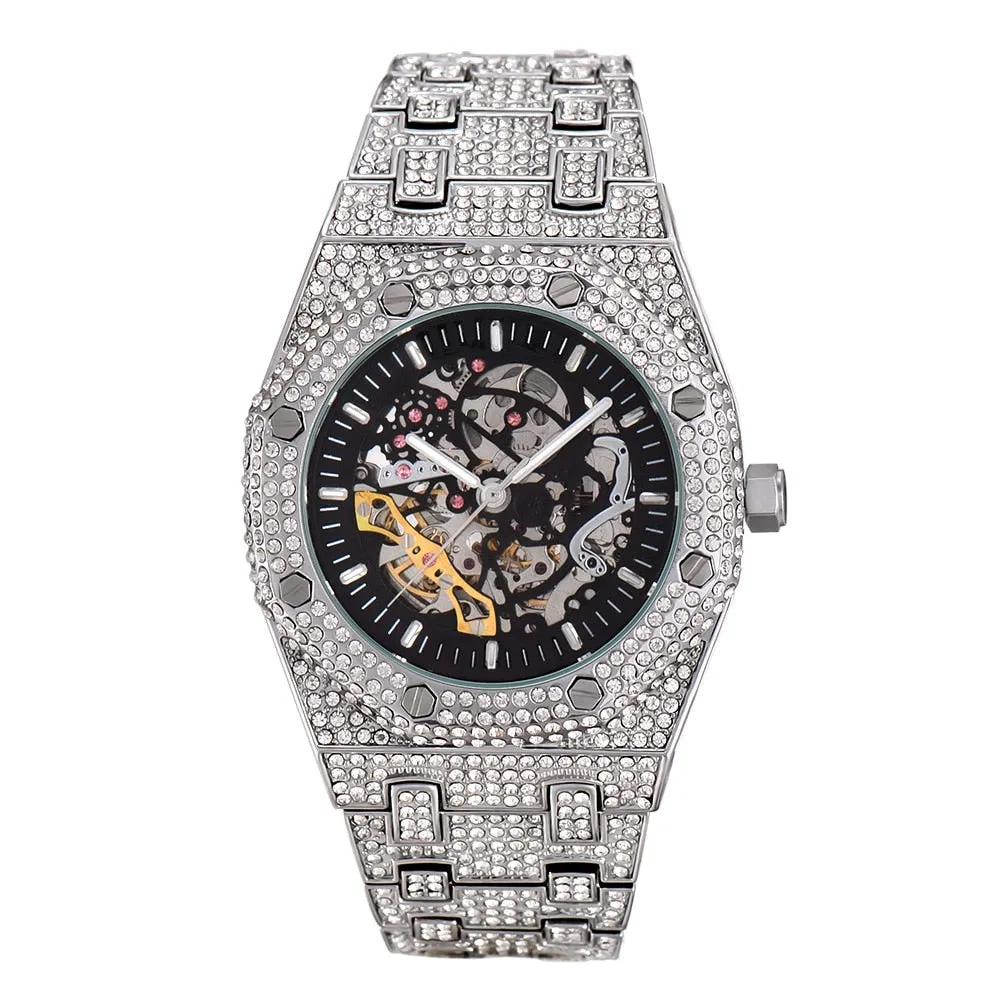 TOPGRILLZ Mechanical Luxury Rhinestones Watches White Gold Shine Mens Watches Stainless Steel Watch Quality Business Watch