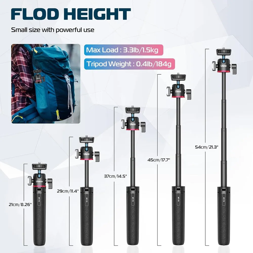 Ulanzi MT-73 Tripod Selfie Stick with 1/4" Ball Head, Cold Shoe Accessory Mount, 5-Section Extendable Pole, 55cm Max Height & 1kg Load Capacity for Video Lights & Compact Cameras | T048GBB1