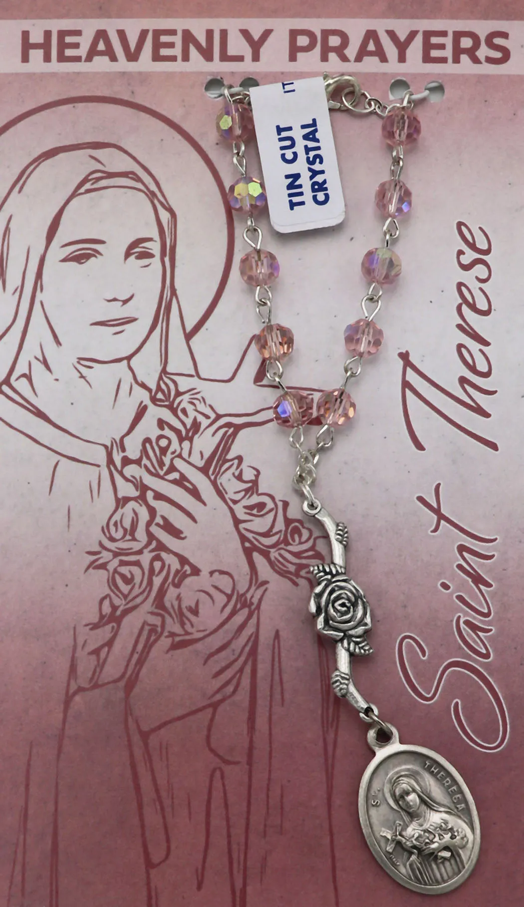 Uplifting Blessings One Decade Pink Crystal Bead Rosary and Prayer Card, St Therese for Heavenly Prayers