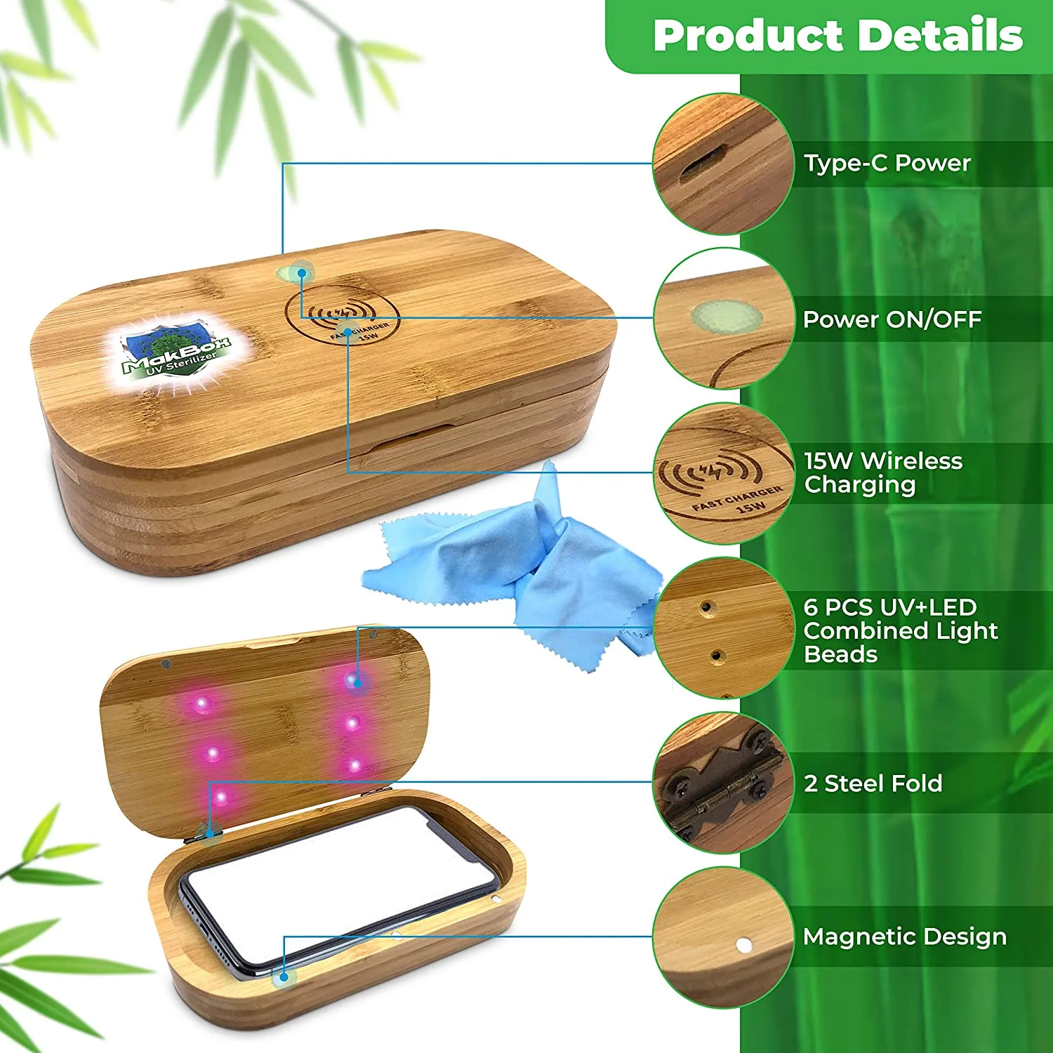 UV Phone Sanitizer – UV Sanitizer with Wireless Charging – Portable Bamboo Sanitizer