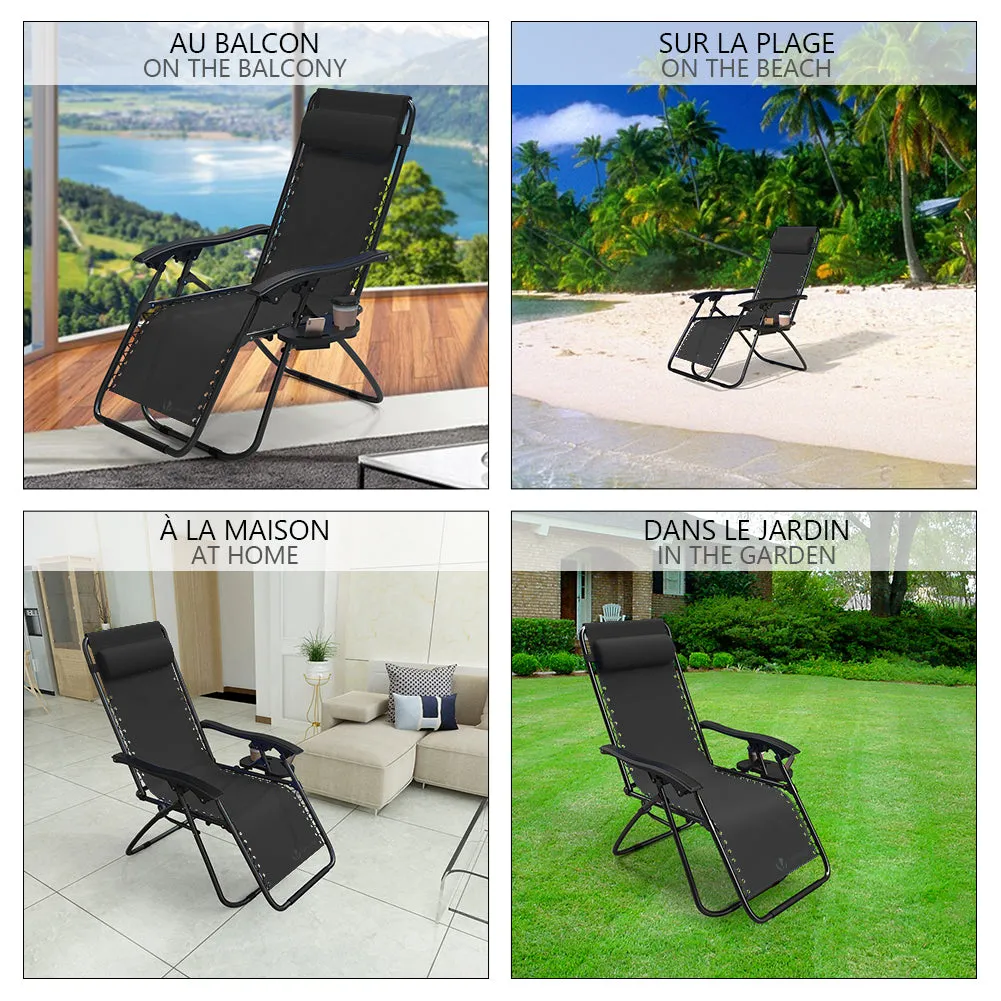 VOUNOT Zero Gravity Chairs, Garden Sun Loungers with Cup and Phone Holder, Black