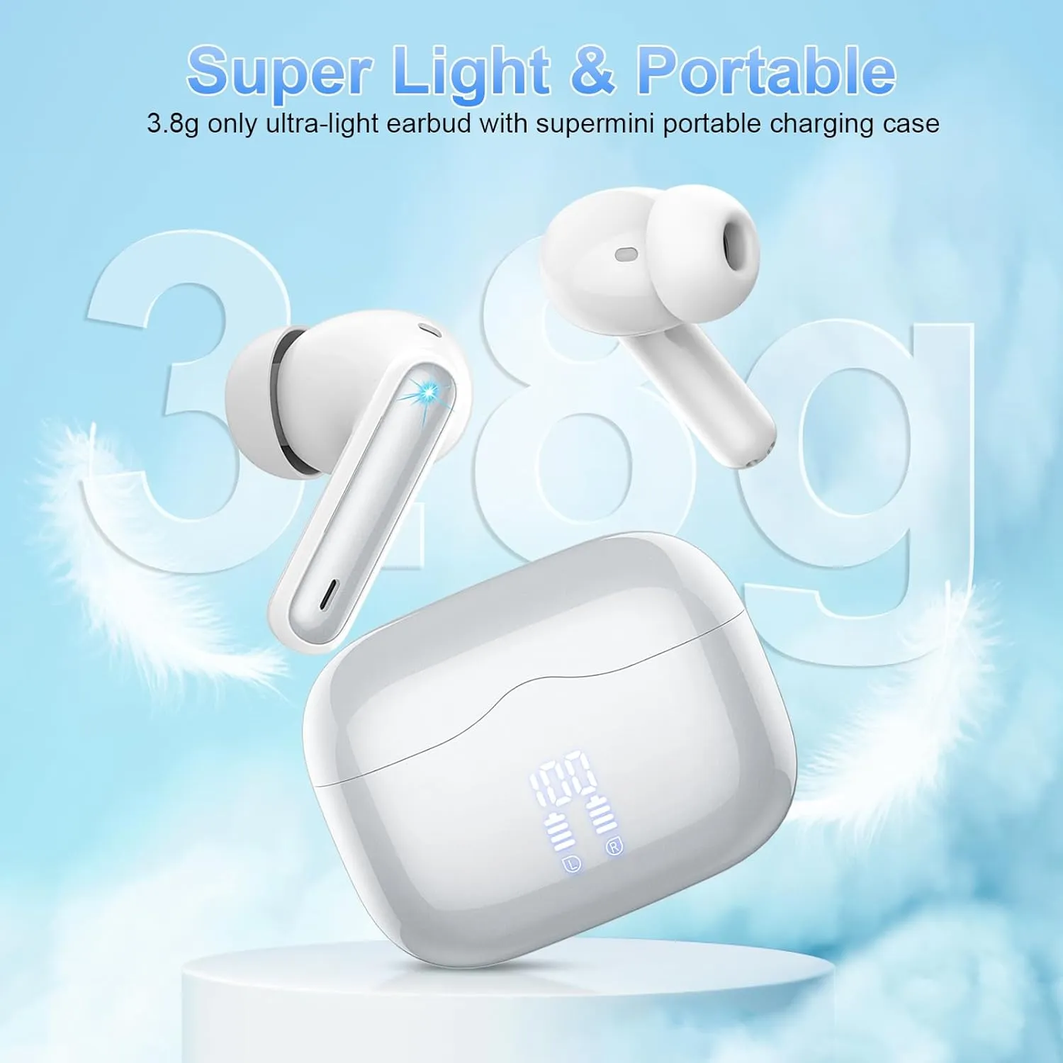 Wireless Earbuds, Bluetooth 5.3 Headphones in Ear with 4 ENC Noise Cancelling Mic, HiFi Stereo Deep Bass Wireless Earphones 40H Playtime, in-Ear Earbud Bluetooth Dual LED Display IP7 Waterproof, USB-C