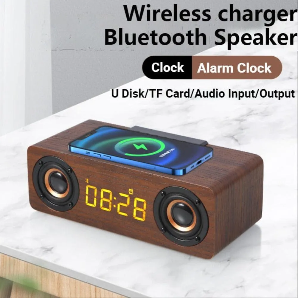 Wooden Retro Theme Wireless Charger Bluetooth Speaker Alarm Clock