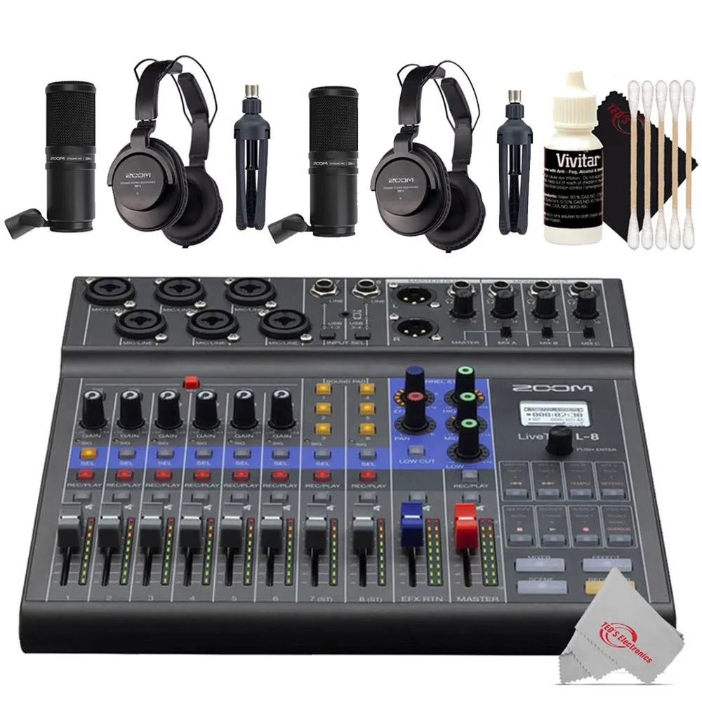 Zoom LiveTrak L-8 Portable Podcast 8-Track Digital Mixer And Multitrack Recorder   Two Pcs Zoom ZDM-1 Podcast Mic Pack Accessory Bundle