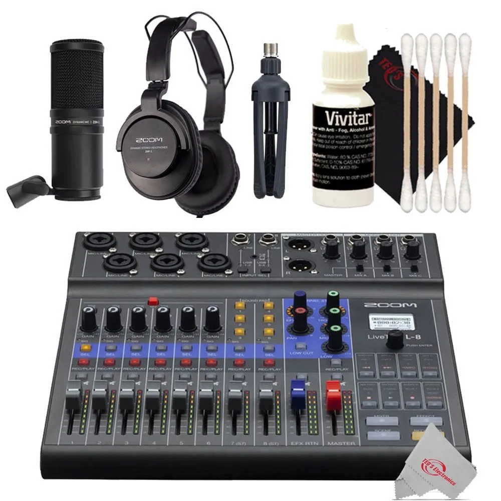 Zoom LiveTrak L-8 Portable Podcast 8-Track Digital Mixer And Multitrack Recorder   Zoom ZDM-1 Podcast Mic Pack Accessory Bundle